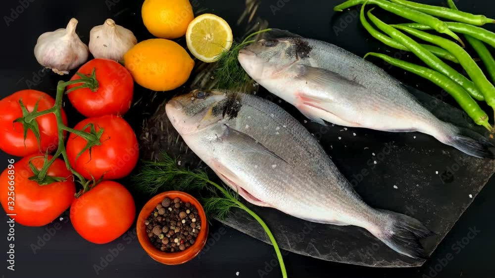 lemons, tomatoes, hot peppers, two carcasses of fresh raw Atlantic sea fish Sparus aurata and a sprig of dill lie on a black background, cooking concept lemons, tomatoes, hot peppers, two carcasses of fresh raw Atlantic sea fish Sparus aurata and a sprig of dill lie on a black background, cooking concept