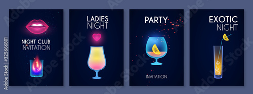 Cocktail party poster template set. Cool bar menu. Neon shining flyer design.