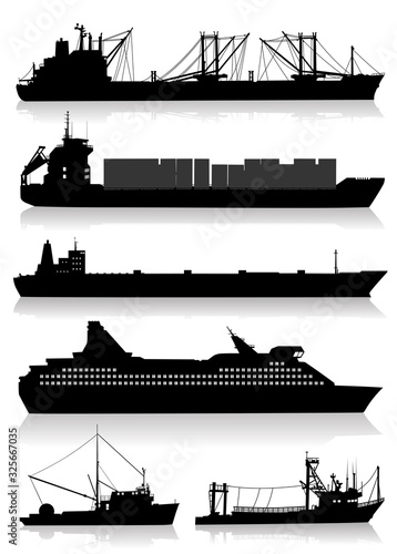 Silhouettes of boats of different types and sizes with details