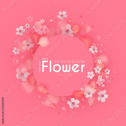 Flowes and Petals. Realistic 3D background. Pink cherry blossom design. Spring time.