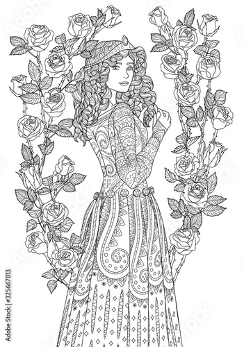 Coloring book for adults with beautiful medieval princess