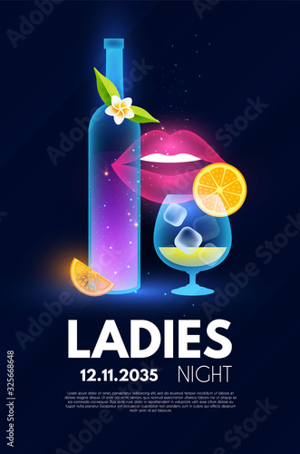 Ladies Night party poster template. Bar menu shining design.