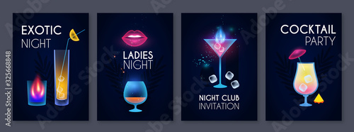 Cocktail party poster template set. Cool bar menu. Neon shining flyer design.