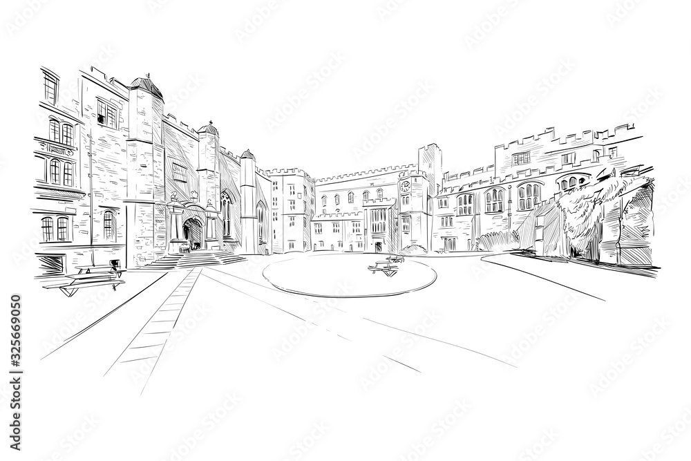 Durham Castle. Durham. England. Great Britain. Europe. Hand drawn sketch. Vector illustration.