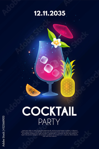 Cocktail party shining poster template. Exotic night club flyer.