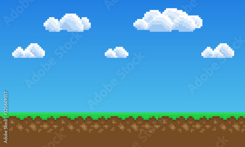 Pixel art game background, grass, sky and clouds