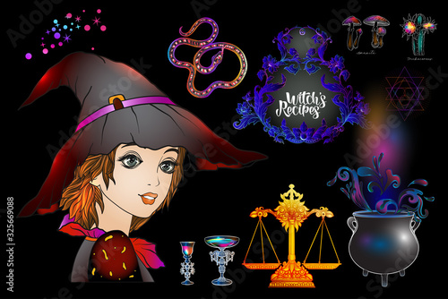 Young woman witch with cauldron, magician plants and animals Clip art, set of elements for witchcraft design. Colored vector illustration..