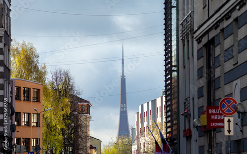 Fototapeta Naklejka Na Ścianę i Meble -  April 24, 2018 Riga, Latvia. View of the Riga television tower.