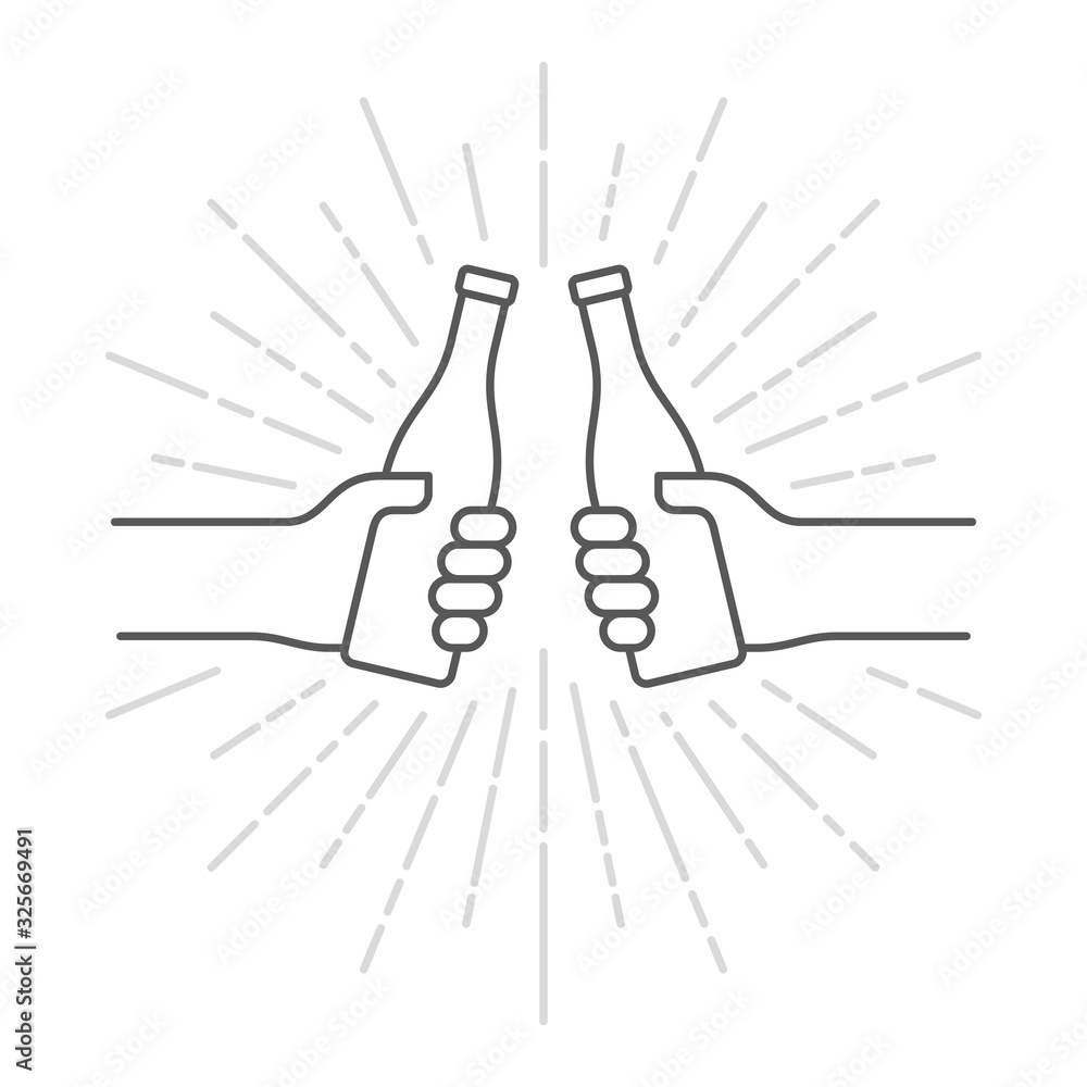 Obraz premium Vector black line icon two hands holding a bottle. Isolated on white background.