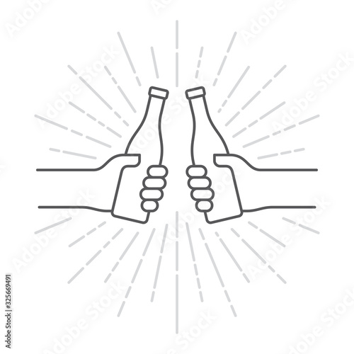 Vector black line icon two hands holding a bottle. Isolated on white background.