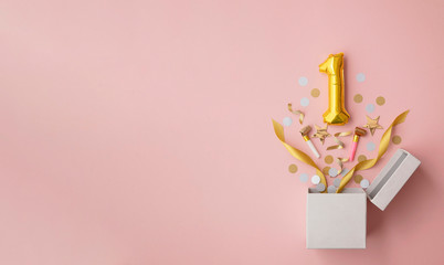 Number 1 birthday balloon celebration gift box lay flat explosion