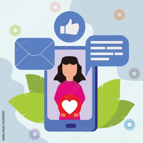 Business woman with a phone, business with social media. Modern vector illustration