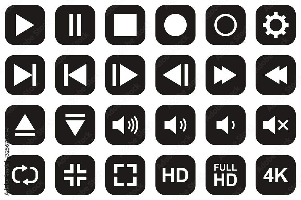Video & Audio & Camera Button Icons White On Black Flat Design Set Big Video & Audio & Camera Button Icons White On Black Flat Design Set Big