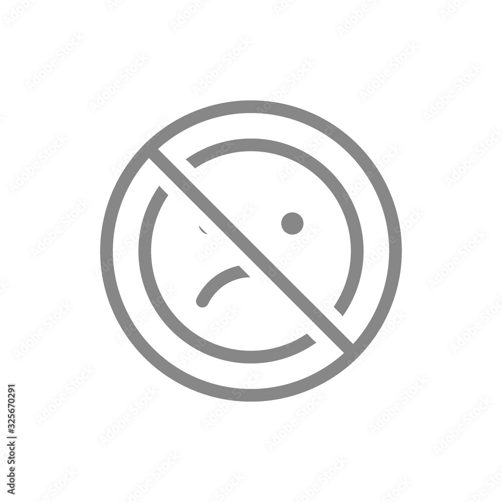 Forbidden sign with a negative emoji line icon. Prohibition of unhappy, upset, depression symbol Forbidden sign with a negative emoji line icon. Prohibition of unhappy, upset, depression symbol