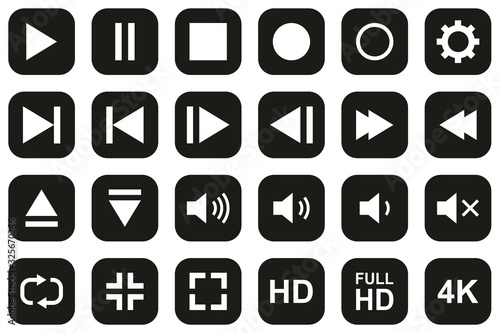 Video & Audio & Camera Button Icons White On Black Flat Design Set Big