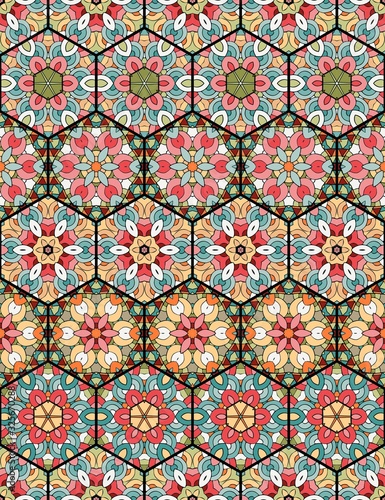Seamless pattern with colorful hexagonal tiles. Patchwork. Stained glass. Vector design.
