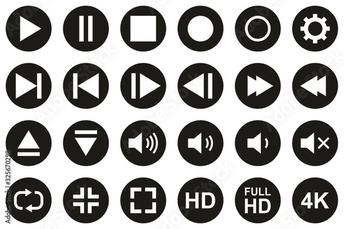 Video & Audio & Camera Button Icons White On Black Flat Design Circle Set Big
