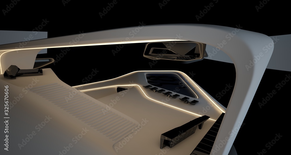 Abstract architectural black and white interior of a modern villa with neon lighting. 3D illustration and rendering. Abstract architectural black and white interior of a modern villa with neon lighting. 3D illustration and rendering.