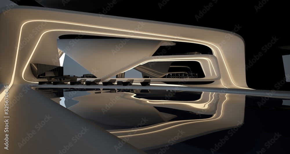 Abstract architectural black and white interior of a modern villa with neon lighting. 3D illustration and rendering.