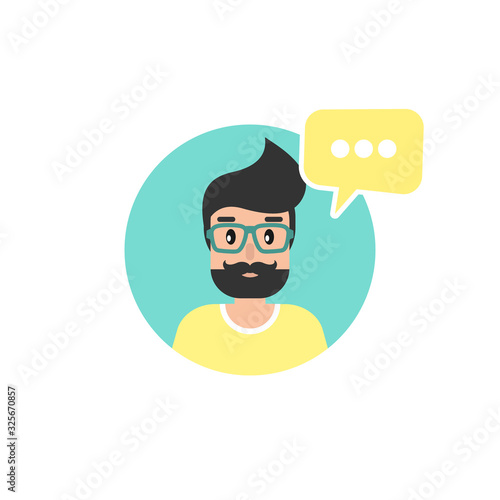 bearded man with speech bubble in blue circle. Talk, chat message, communicate, messenger concept .