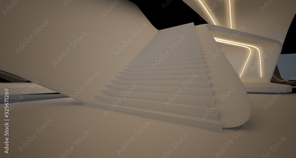 Abstract architectural black and white interior of a modern villa with neon lighting. 3D illustration and rendering.