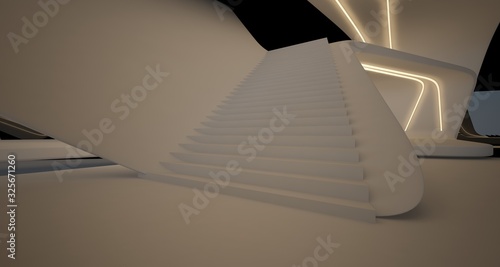Obraz na płótnie Abstract architectural black and white interior of a modern villa with neon lighting. 3D illustration and rendering. w salonie