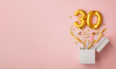 Number 30 birthday balloon celebration gift box lay flat explosion