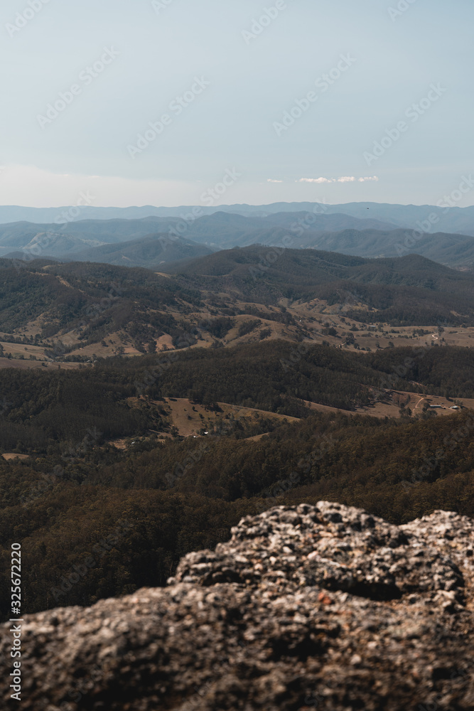 The countryside valley and mountain views from Mount Comboyne lookout, New South Wales. 