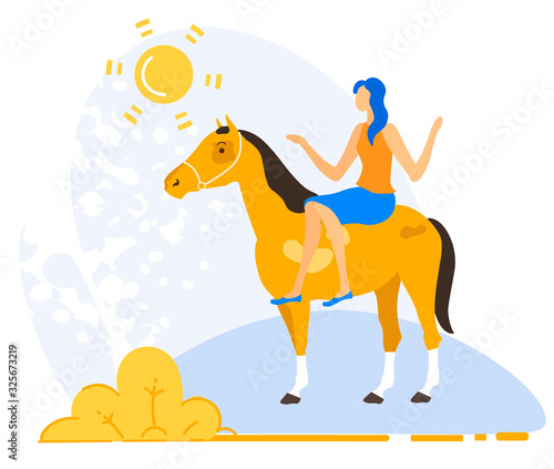 Advertising Poster Horse Riding Lessons Cartoon. Vector Illustration. Banner Girl Sitting on Horse. She Learns to Ride Horse on Hot Summer Day and Makes Time Fun in Countryside Flyer.