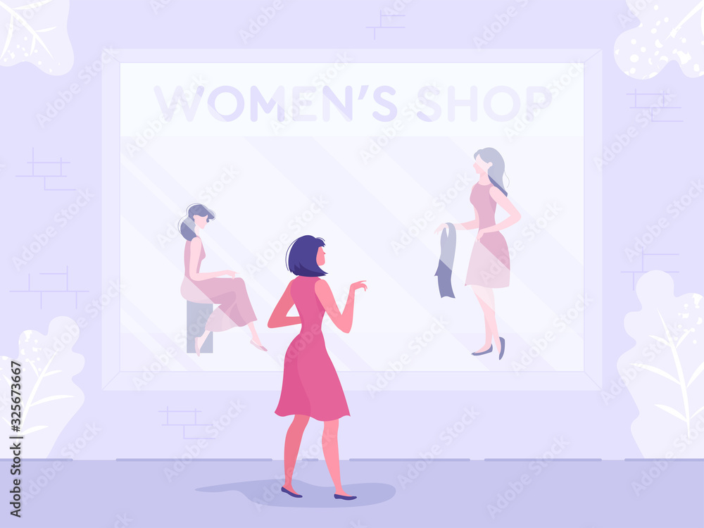 Woman Choosing Clothes on Mannequin at Front Shop Window. Female Character Standing near Showcase in Mall. Store with Modern Things. Stylish Boutique with Dress and Shoes. Flat Vector Illustration. Woman Choosing Clothes on Mannequin at Front Shop Window. Female Character Standing near Showcase in Mall. Store with Modern Things. Stylish Boutique with Dress and Shoes. Flat Vector Illustration.