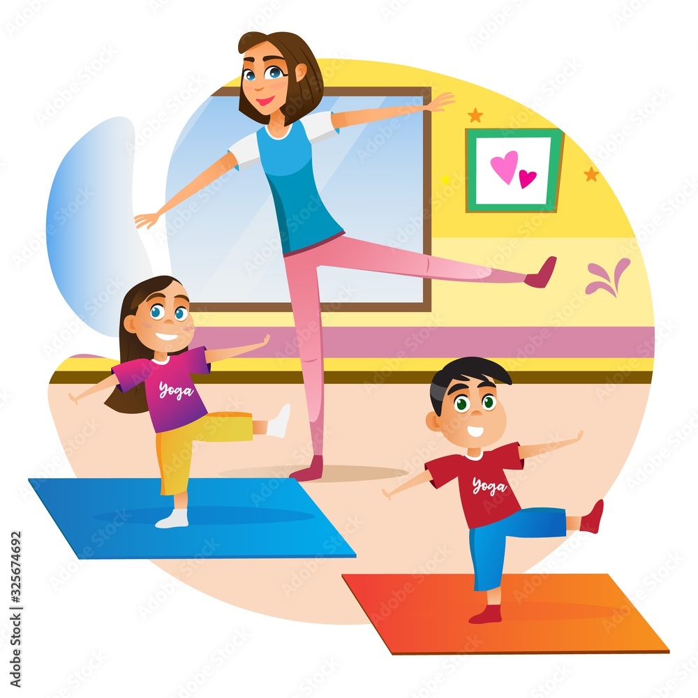 Family Yoga Practice. Cartoon Mother with Children Doing Exercise on Floor  Mat Vector Illustration. Mom Son Daughter Asana Position. Kid Gymnastics  Pilates Aerobics Teaching. Physical Health Stock Vector | Adobe Stock