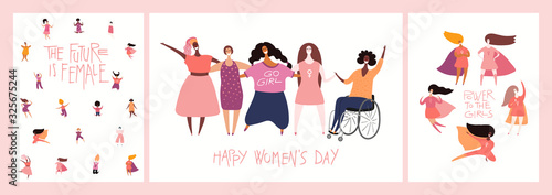 Set of womens day card, banner designs with beautiful diverse women and quotes. Hand drawn vector illustration. Flat style. Concept, element for feminism, girl power. Female cartoon characters.