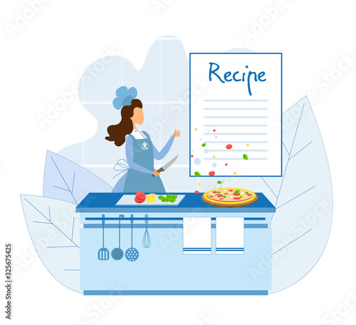 Female Chef Cooking Pizza According to Classic Recipe. Traditional Italian Fast Food Snack Culinary Classes. Woman in Cook Uniform Cutting Vegetables. Vector Flat Cartoon Illustration. Floral Design