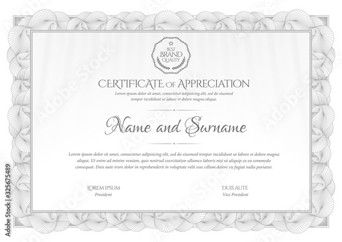 Certificate Template in silver. Diploma of modern design or gift certificate in grey color. Frame from guilloche pattern. Elegant and expensive design. Vector illustration.