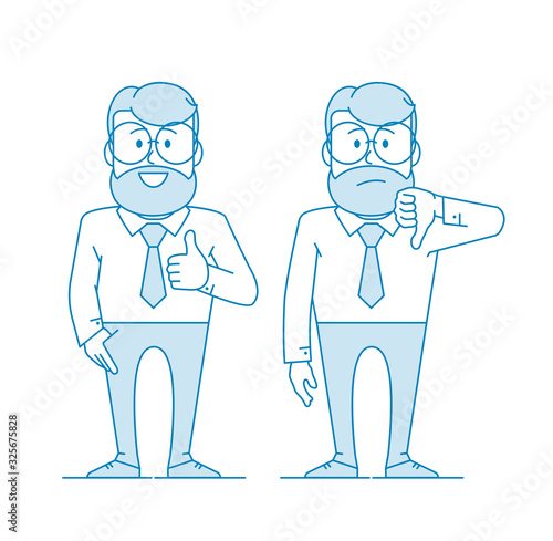 Character - a man with glasses and a beard. Like and dislike. For better or worse, approval and condemnation. Manager or office worker in a shirt with a tie. Illustration in line art style. Vector