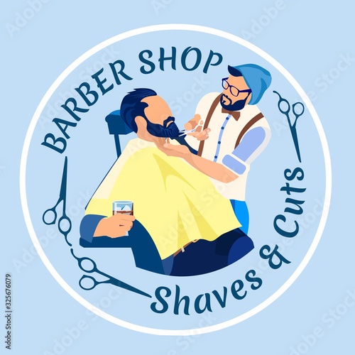 Professional Hair Stylist Cutting Beard to Man Customer Sitting in Armchair with Alcohol Drink in Glass at Barber Shop. Haircutter Shave and Cut in Barber Shop Cartoon Flat Vector Illustration, Banner