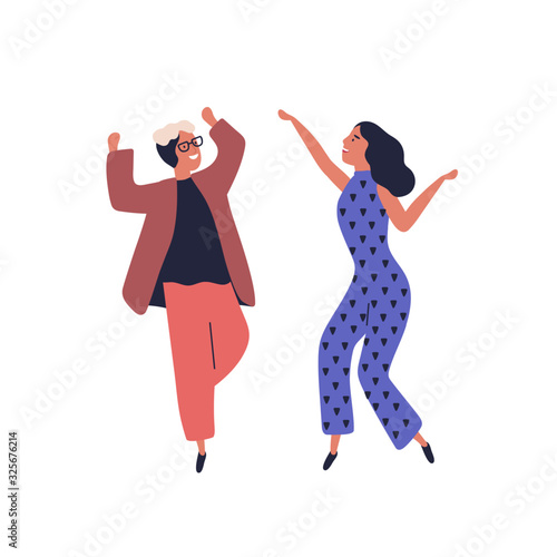 Happy couple dancing together having fun raising hands vector flat illustration