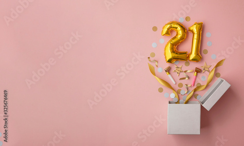 Number 21 birthday balloon celebration gift box lay flat explosion