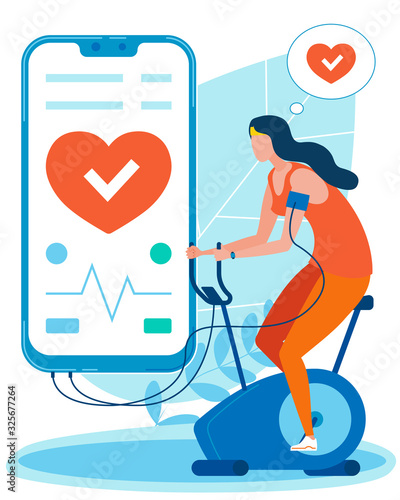 Girl Exercising on Bicycle inside House Wearing Sports Clothes to Burn Calories Flat Cartoon Vector Illustration. Mobile Phone with Health Care Application Connected to Simulator. Technology. photo