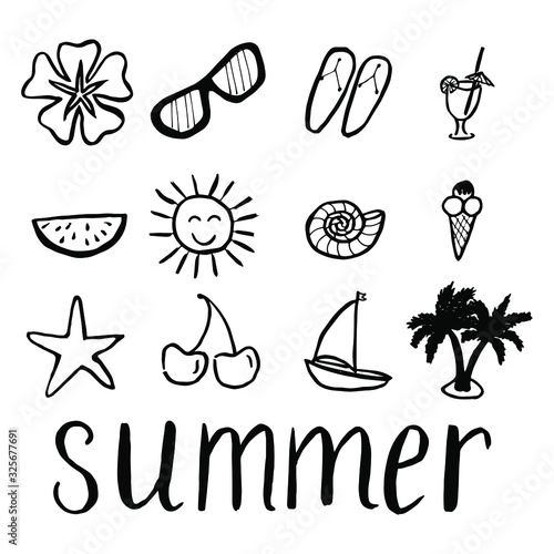 Set of summer vacation on the beach icons. Travel concept outline isolated on white background