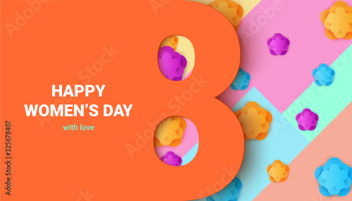 Women's Day greeting card or banner with eight shaped frame and paper cut flowers on colorful modern geometric background. Vector illustration. Place for text. March 8 holiday.