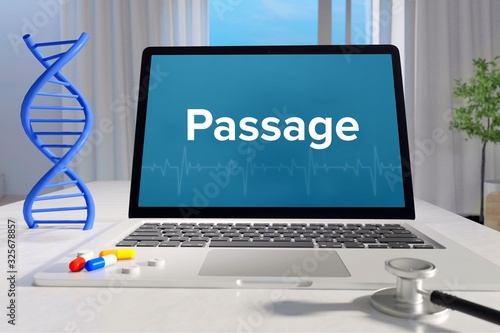 Passage – Medizin, Gesundheit. Computer im Büro mit Begriff auf dem Bildschirm. Arzt, Gesundheitswesen