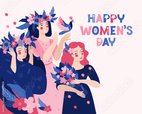 Horizontal template for a spring banner, card, poster. Beautiful women with a flower wreath and a bouquet. Happy women s day. Vector illustration with an inscription. Group of pretty girls in nature.