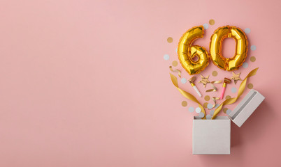 Number 60 birthday balloon celebration gift box lay flat explosion