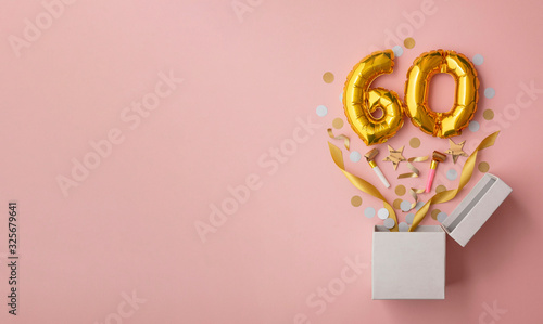 Canvas Print Number 60 birthday balloon celebration gift box lay flat explosion