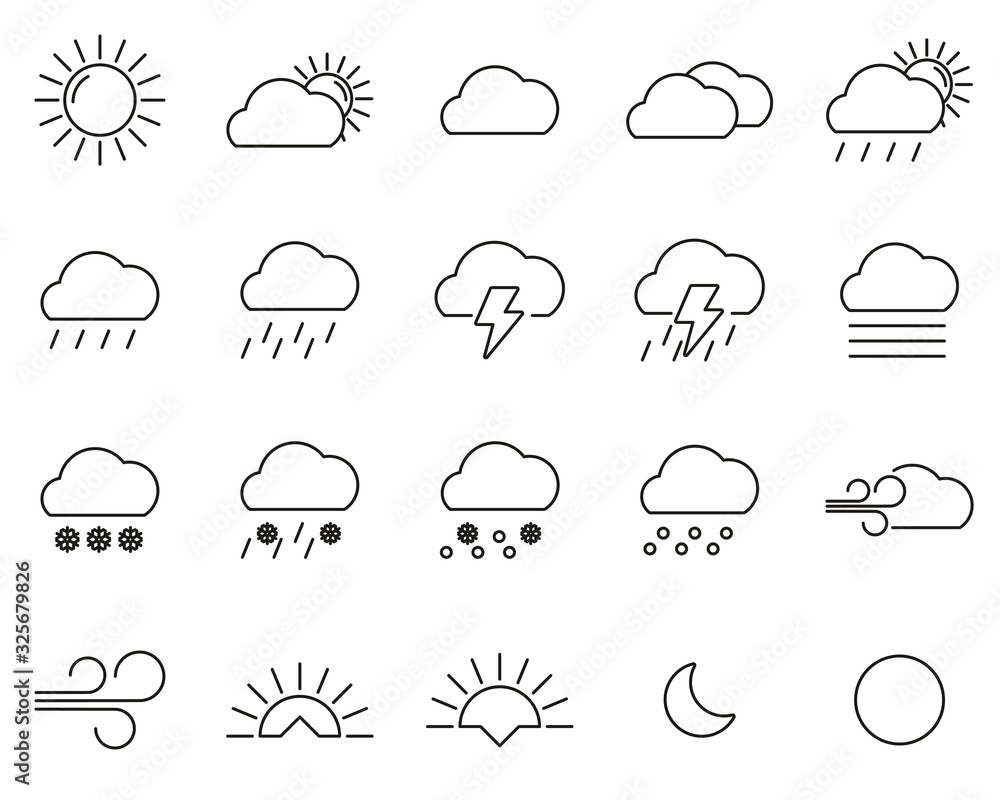 Weather Icons Black & White Thin Line Set Big