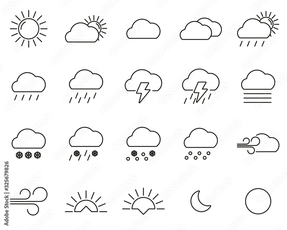 Weather Icons Black & White Thin Line Set Big Weather Icons Black & White Thin Line Set Big