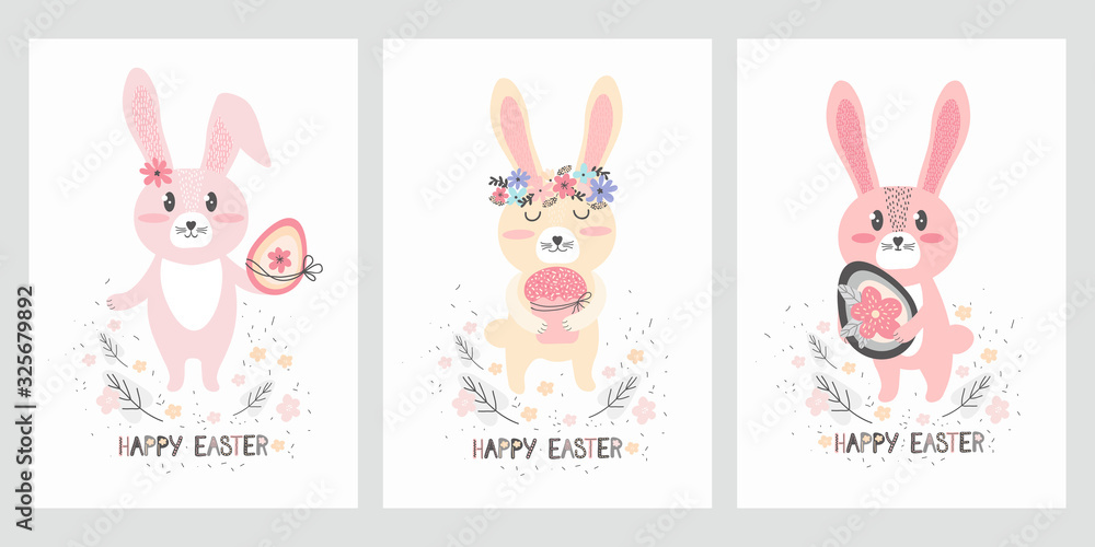 Set of vertical greeting cards or banners for the happy Easter holiday in Scandinavian hand drawn style. Cute Bunnies with Easter cake and egg. Funny little cartoon rabbit. Flat vector illustration Set of vertical greeting cards or banners for the happy Easter holiday in Scandinavian hand drawn style. Cute Bunnies with Easter cake and egg. Funny little cartoon rabbit. Flat vector illustration