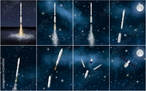 Realistic rocket's fly set. 8 vector illustrations of the coherent stages of the carrier rocket flight: earth start, separation, realising of vehicle payload, successfully placing into stable orbit.