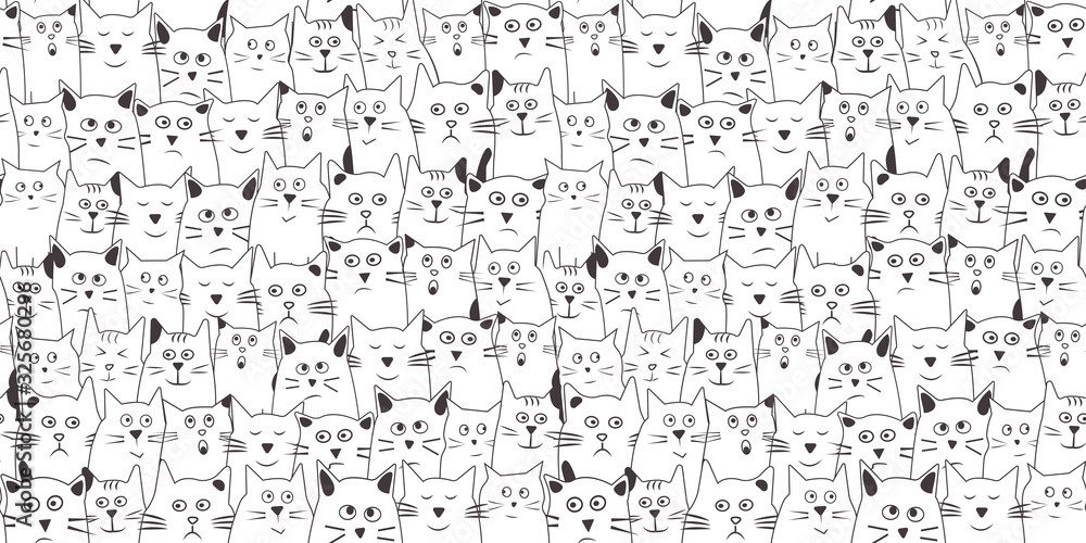 Animal background with cats different emotions, hand drawn. Stylized characters. Vector